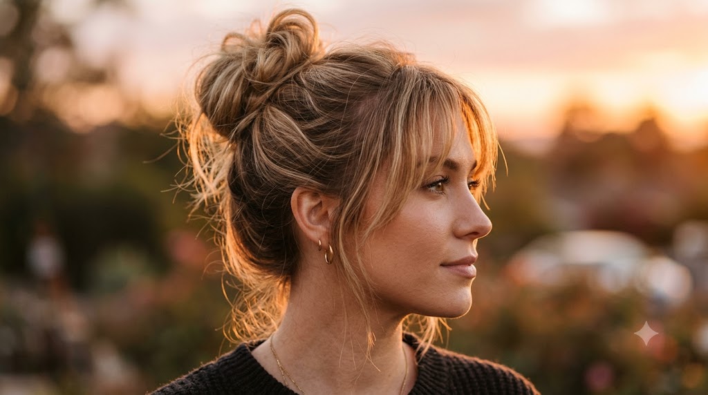 Messy High Bun with Wispy Curtain Fringe